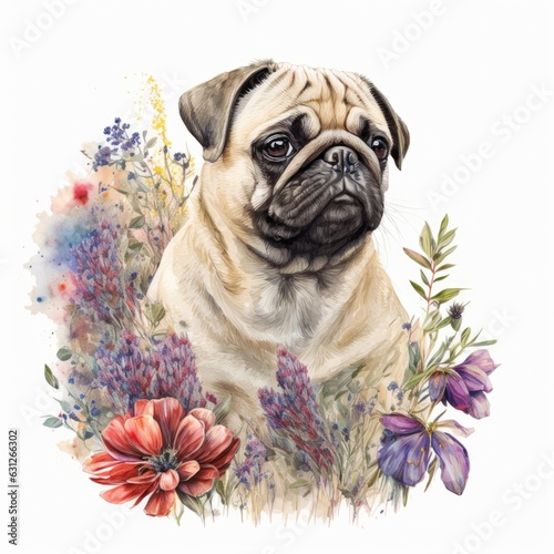Watercolor cute pug dog in flowers Generative AI