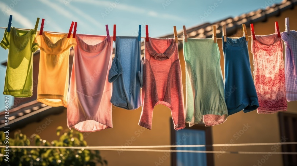 A clothesline with clothes hanging, representing the everyday chore of doing laundry. AI generated