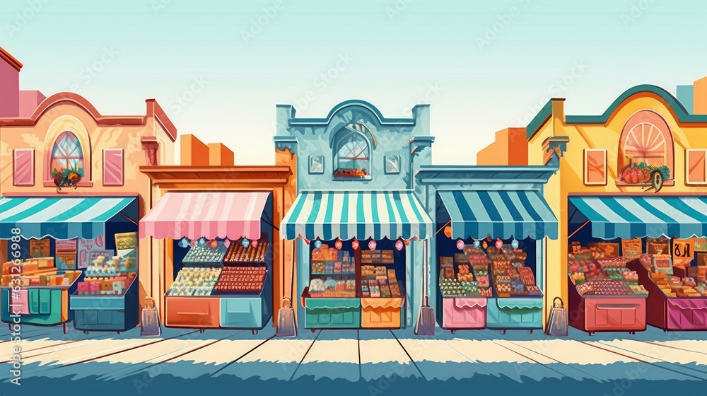 An empty market stalls with colorful shops, representing local commerce. AI generated