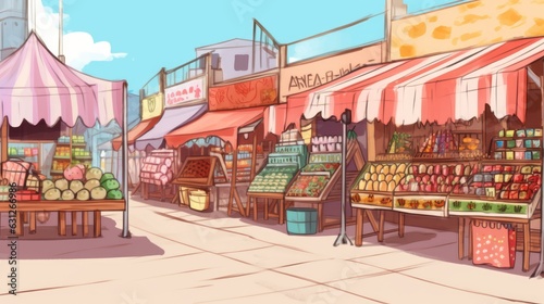 An empty market stalls with colorful shops, representing local commerce. AI generated © PandaStockArt