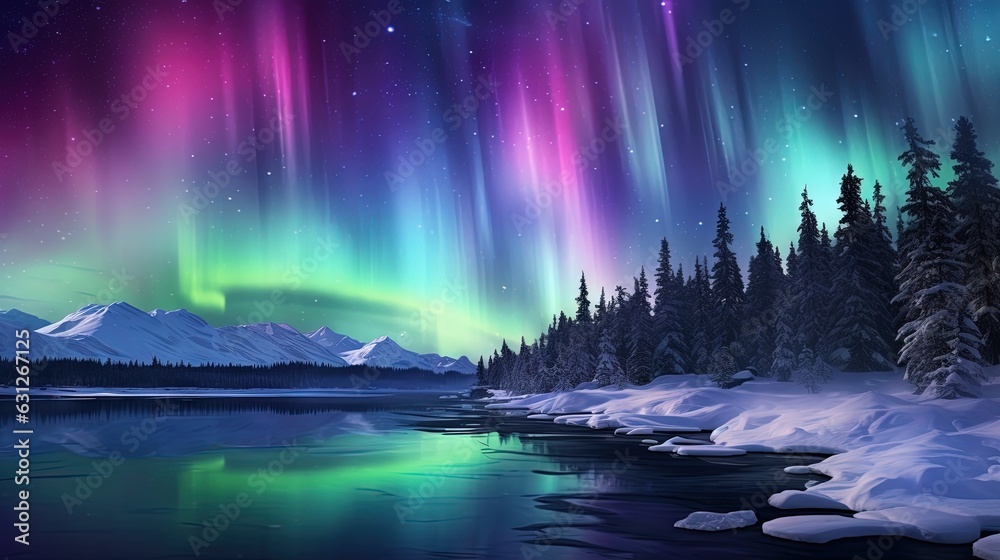  a painting of the aurora bore over a lake and snow covered mountains.  generative ai - obrazy, fototapety, plakaty 