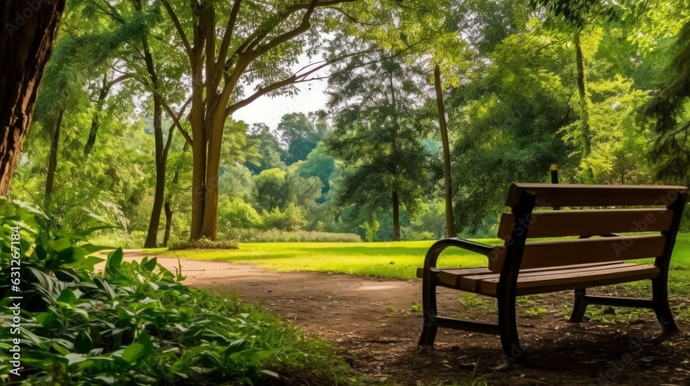 A park bench with a view of trees and greenery, showcasing a peaceful. AI generated
