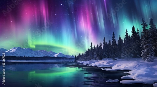  a painting of the aurora bore over a lake and snow covered mountains. generative ai