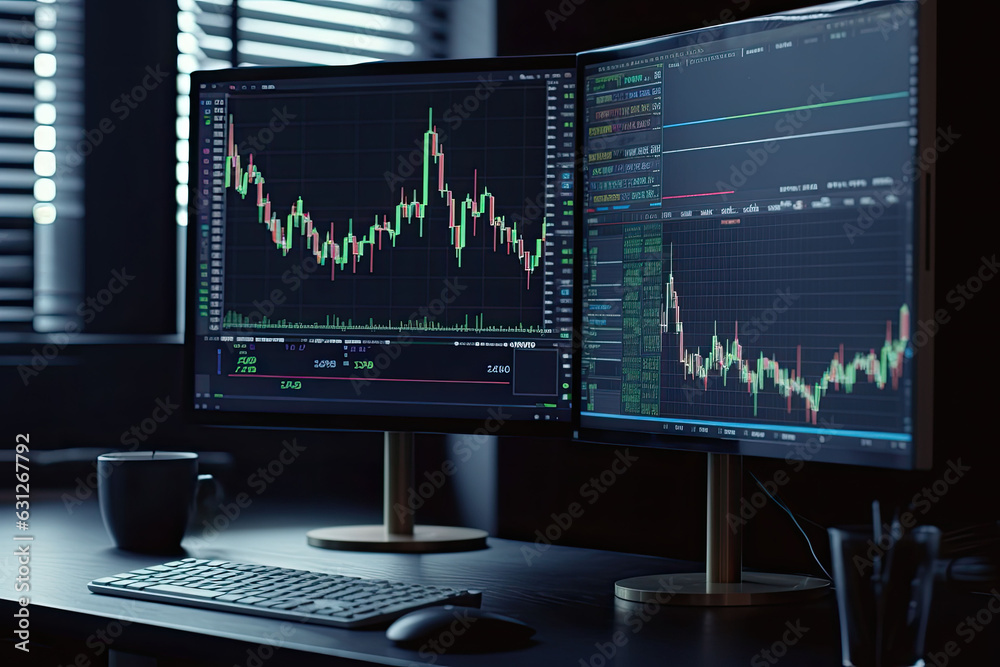 Computer monitor with crypto charts on the desk, selective focus. Generative AI Computer monitor with crypto charts on the desk, selective focus. Generative AI
