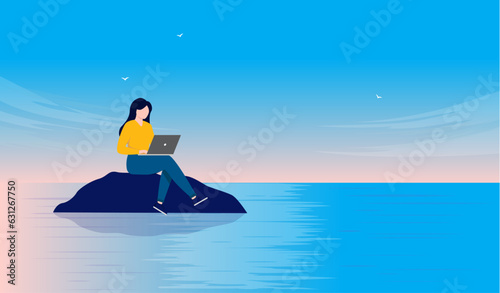 Work in peace and silent - Person working on laptop computer alone in solitude on deserted island far away from everything. Remote work concept, flat design vector illustration