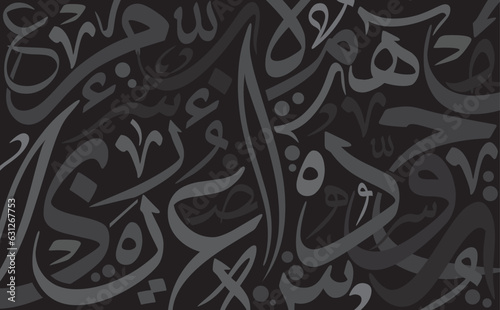 Random repeated Arabic calligraphy letters, use it as a back ground for greeting cards, posters ..etc. Translation is conversion of some characters : "M, A, H, D, B, R, O, E" .