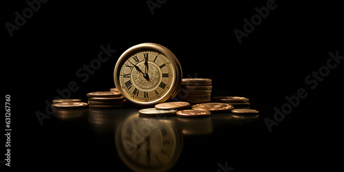 Clock and Golden Coin on black background -in the style of money themed, TVM (time value of money) - GenerativeAI