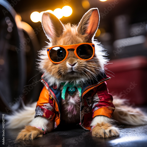 cute bunny wearing a sunglasses with a golden easter bunny. high quality photo,AI generative 
