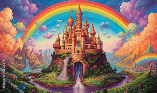  a painting of a castle with a rainbow in the background.  generative ai © Olga