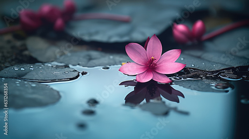 pink flower in water with blue grey refletion