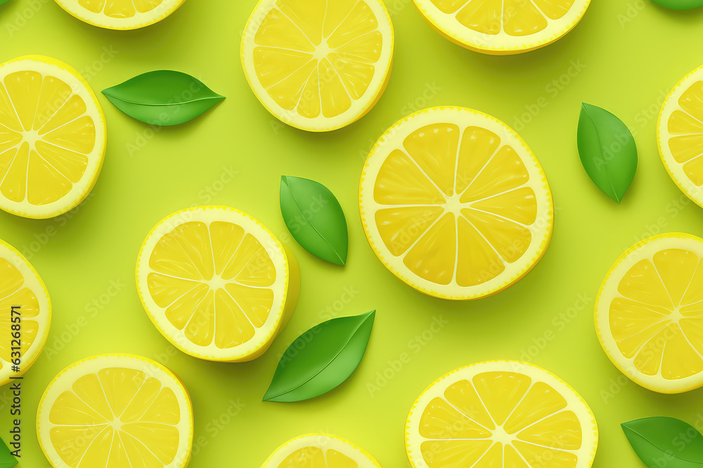 Lemons with slices on yellow background seamless pattern, lemon tile ornament, citrus repeat texture for wrapping paper or textile print. 3d render cartoon illustration style.