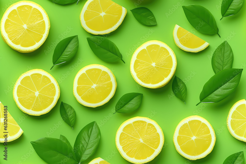 Lemons with slices on green background seamless pattern, lemon tile ornament, citrus repeat texture for wrapping paper or textile print. 3d render cartoon illustration style. Lemons with slices on green background seamless pattern, lemon tile ornament, citrus repeat texture for wrapping paper or textile print. 3d render cartoon illustration style.