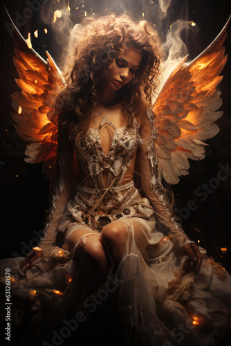 Smoking hot winged Angel with golden light emanating from her wings.
