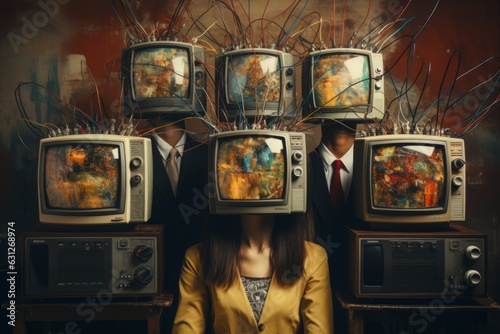 A chilling collage of human figures with retro TV heads, standing zombie-like, portraying censorship, disinformation, and the blind following of mass media. photo