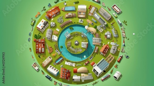 Illustration of human life  symbolizing the circular nature of economic development. Habitation  energy  industry  agriculture  water recources  science  transportation  recycling. Mockup  isolated.