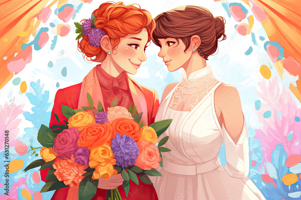 Bright wedding of two lesbian girls in a red tuxedo and white dress. LGBT relationship.