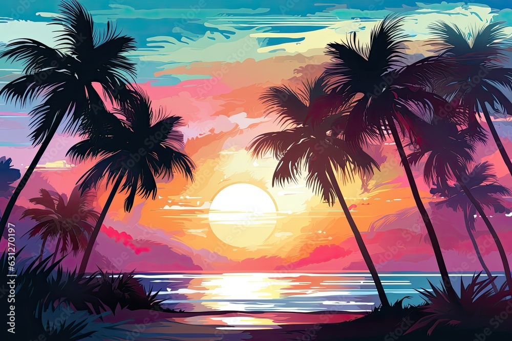 Bright sunset on a tropical island with palm trees on the beach.