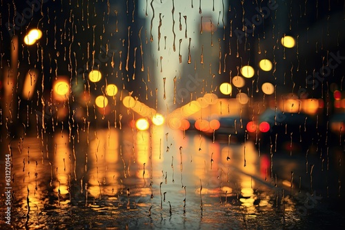 Blurred raindrops on glass with night city street and lights background.