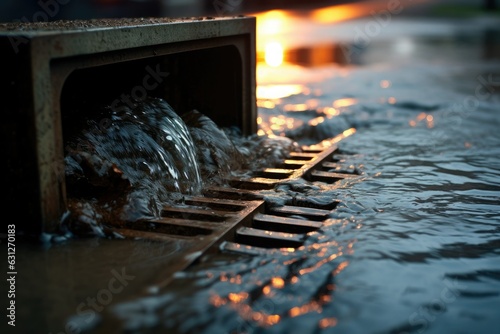 A stream of water flows into a drainage grate on a city street. photo