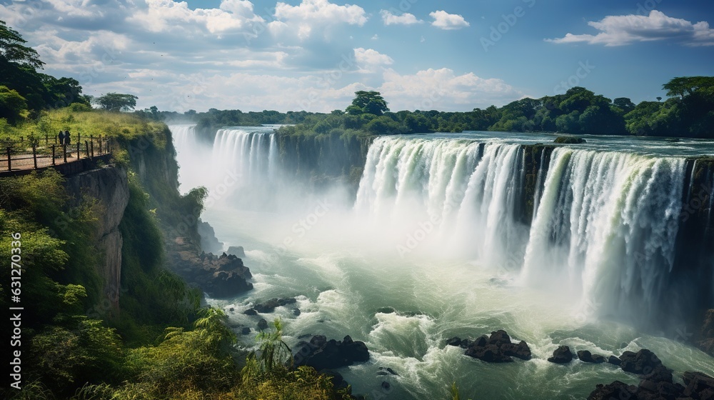 a large waterfall with a bridge over it and a river below. generative ai a large waterfall with a bridge over it and a river below. generative ai
