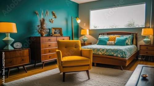 Bedroom decor, home interior design . Mid-Century Modern Retro style with Statement Armchair decorated with Wood and Leather material . Generative AI AIG26. photo