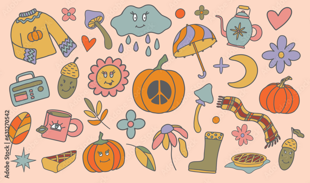 Groovy autumn vector set. Trendy positive hippie fall illustration. Hand drawn retro cloud, flower with eyes and smile, mushroom, pumpkin, hippy sweater on muted pink background. Nostalgic 70s vibes Groovy autumn vector set. Trendy positive hippie fall illustration. Hand drawn retro cloud, flower with eyes and smile, mushroom, pumpkin, hippy sweater on muted pink background. Nostalgic 70s vibes