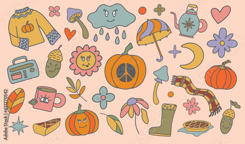 Groovy autumn vector set. Trendy positive hippie fall illustration. Hand drawn retro cloud, flower with eyes and smile, mushroom, pumpkin, hippy sweater on muted pink background. Nostalgic 70s vibes