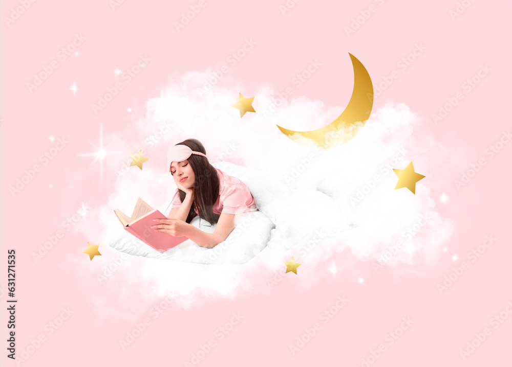 Sleepy young woman with blanket and book lying in soft cloud on pink background Sleepy young woman with blanket and book lying in soft cloud on pink background