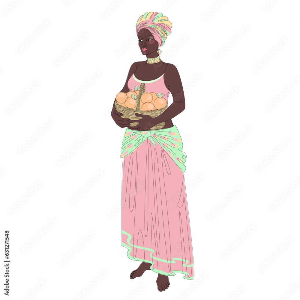 Silhouette of a beautiful girl. The lady is holding a basket of apples and oranges. Woman in modern one line style. Solid line, decor outline, posters, stickers, logo. Vector illustration.