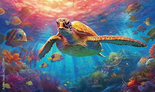  a painting of a turtle swimming in the ocean with fish.  generative ai