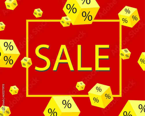 Vector illustration design of sale banner template, sale on red background, with red dices and percentages. big sale special offer on red background.