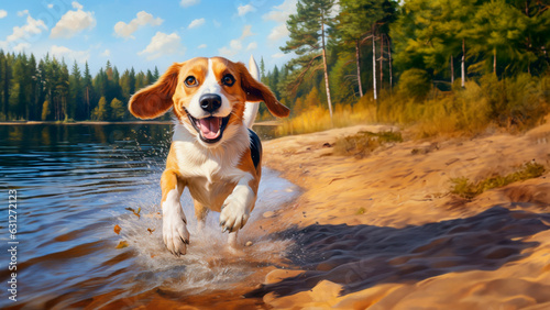 A happy American Beagle breed dog runs splashing on the water of a forest lake, sunny summer day.