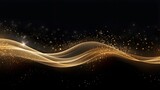 Abstract shiny luxury gold light wave design element with glitter effect on dark background. Generative AI
