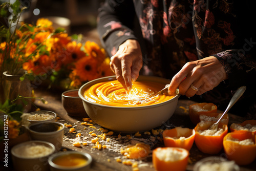 Woman cooking pumpkin soup in Thanksgiving day