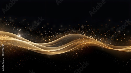 Abstract shiny luxury gold light wave design element with glitter effect on dark background. Generative AI 