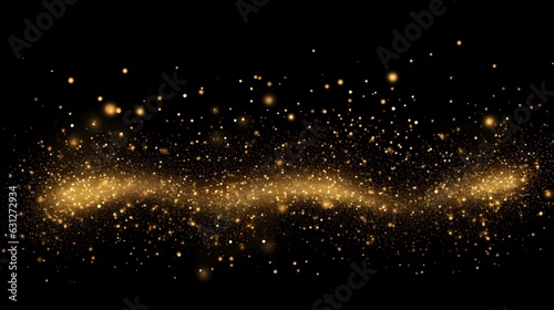 Abstract shiny luxury gold light wave design element with glitter effect on dark background. Generative AI 