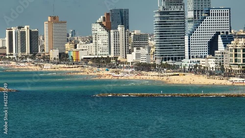 Tel Aviv coastline hotels and skyscrapers aerial drone view, Israel, 4k