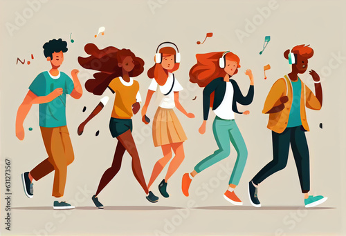 Young stylish people listen to music with headphones running and doing sports. Isolated on white. Flat cartoon style generated by AI.