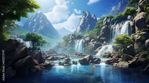  a painting of a waterfall in a mountain valley with blue water. generative ai