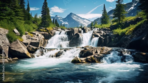  a waterfall with a mountain in the background and trees around it.  generative ai