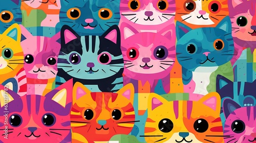  a group of cats with different colored faces on a multicolored background. generative ai