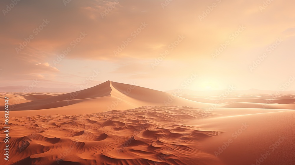  a desert landscape with sand dunes and the sun shining through the clouds.  generative ai