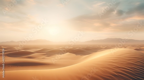  a desert with sand dunes and mountains in the background at sunset. generative ai