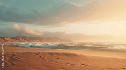  a sandy beach with waves coming in and a mountain in the distance. generative ai