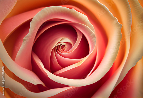 Swirl of rose petals, rose bud macro view. Abstract illustration. AI generated.