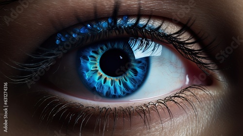  a close up of a blue eye with long lashes and a blue iris. generative ai
