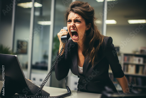 Close-up view of a furious businesswoman yelling into her phone, showing high-stress levels and conflict resolution in professional settings