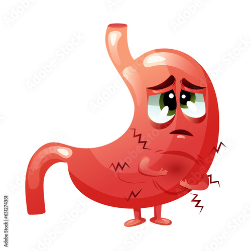 Cute stomach character with emotion sadness. Concept abdominal disease, pain, colic, overeating. Vector cartoon illustration.