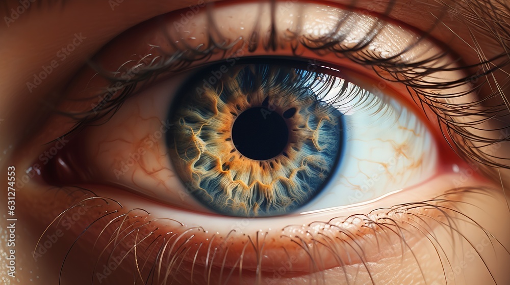  a close up of a human eye with a blue iris.  generative ai