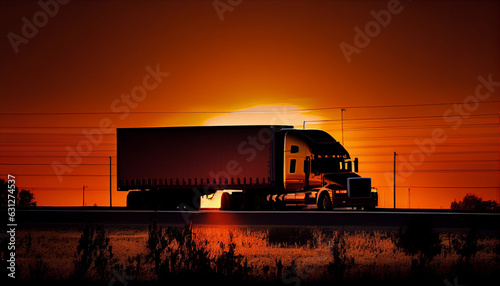 A cargo truck with a container moves along the evening highway. The setting sun over the horizon. Abstract illustration.